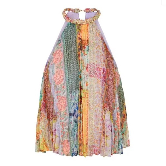 Alice + Olivia Alycia Printed Pleated Chiffon Top Halter Multicolor - Picture 3 of 13